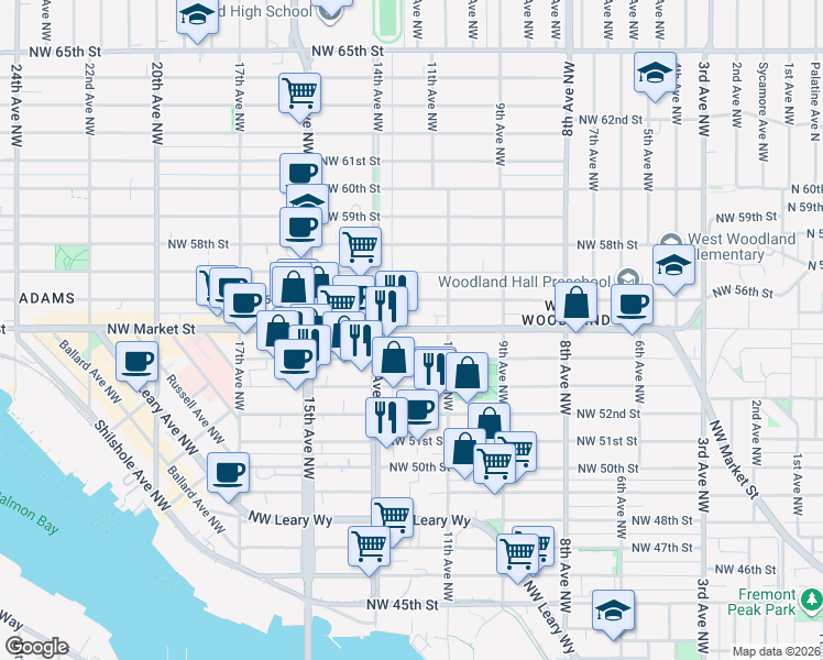 map of restaurants, bars, coffee shops, grocery stores, and more near 1139 Northwest Market Street in Seattle