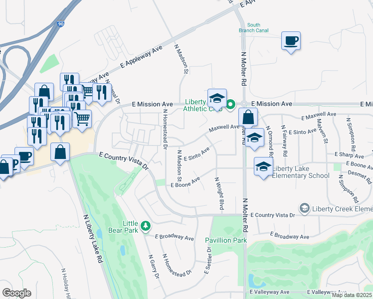 map of restaurants, bars, coffee shops, grocery stores, and more near 23106 Maxwell Avenue in Liberty Lake