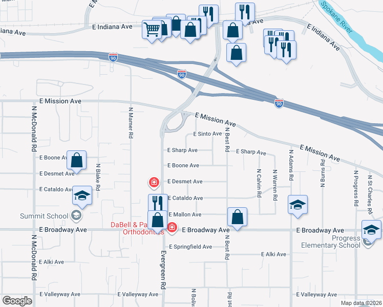 map of restaurants, bars, coffee shops, grocery stores, and more near 14010 East Sharp Avenue in Spokane Valley