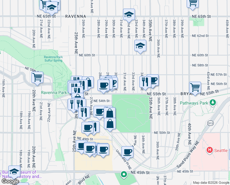 map of restaurants, bars, coffee shops, grocery stores, and more near 2914 Northeast 55th Street in Seattle