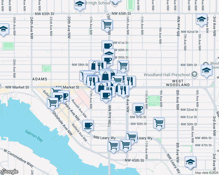 map of restaurants, bars, coffee shops, grocery stores, and more near 15th Ave NW & NW Market St in Seattle