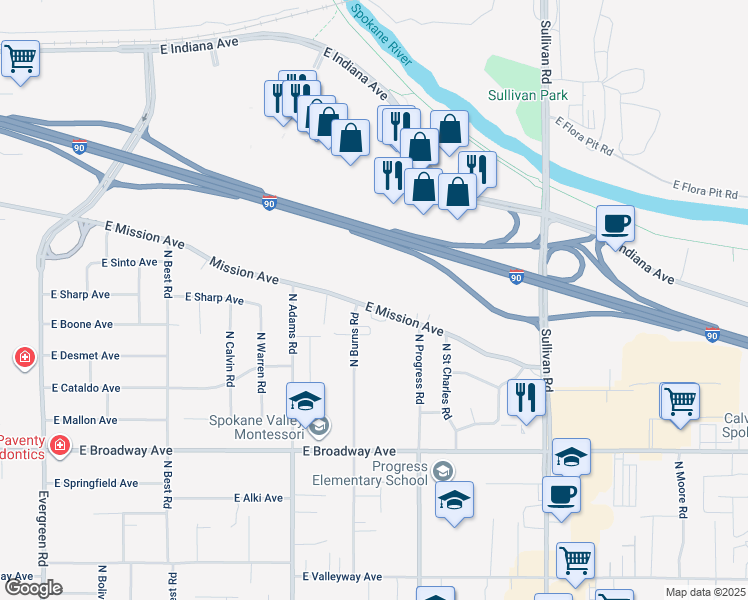 map of restaurants, bars, coffee shops, grocery stores, and more near 14913 East Mission Avenue in Spokane Valley