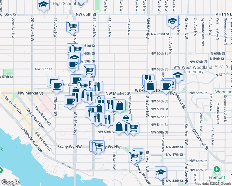 map of restaurants, bars, coffee shops, grocery stores, and more near 982 NW Market St in Seattle