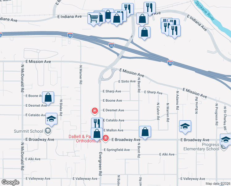 map of restaurants, bars, coffee shops, grocery stores, and more near 14010 East Sharp Avenue in Spokane Valley