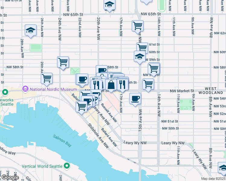 map of restaurants, bars, coffee shops, grocery stores, and more near Northwest Market Street in Seattle