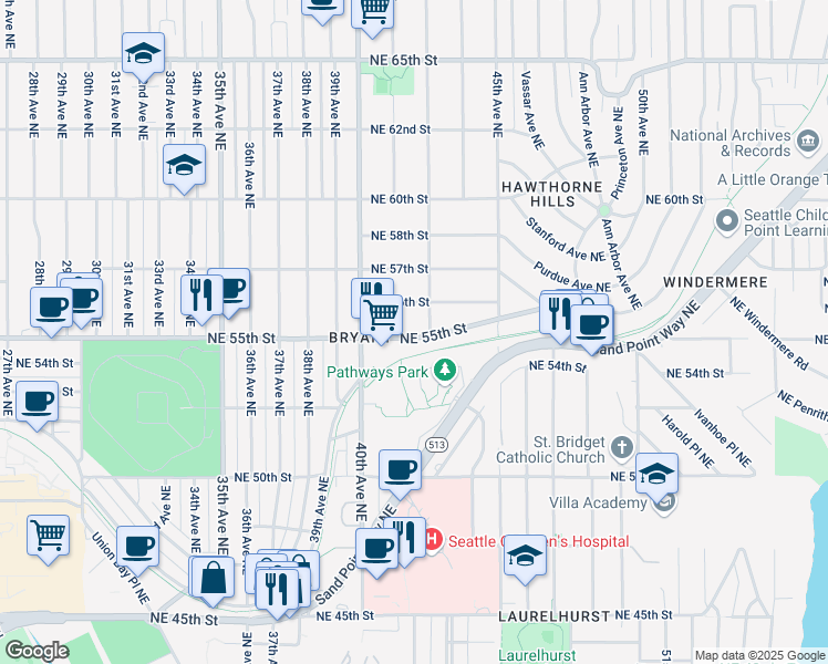 map of restaurants, bars, coffee shops, grocery stores, and more near 4044 Northeast 55th Street in Seattle