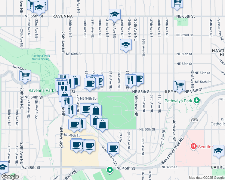 map of restaurants, bars, coffee shops, grocery stores, and more near 3104 Northeast 55th Street in Seattle