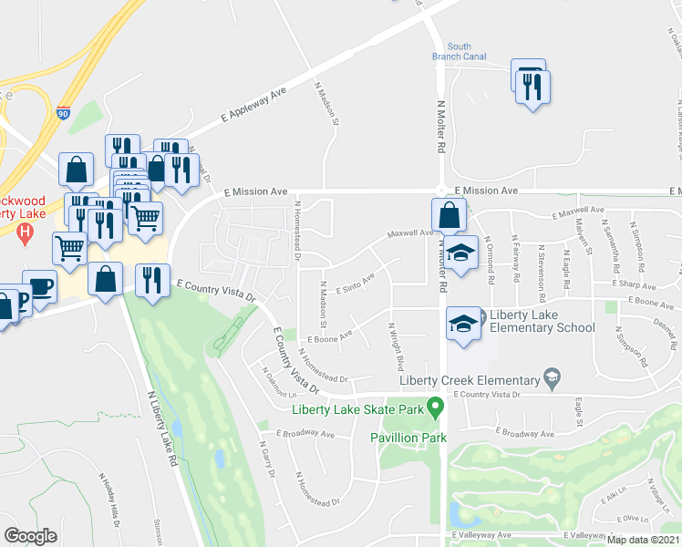 map of restaurants, bars, coffee shops, grocery stores, and more near 23108 East Maxwell Avenue in Liberty Lake