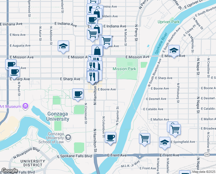 map of restaurants, bars, coffee shops, grocery stores, and more near 1001 East Boone Avenue in Spokane