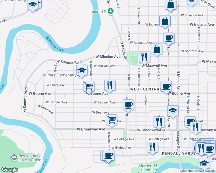 map of restaurants, bars, coffee shops, grocery stores, and more near 2227 West Sharp Avenue in Spokane
