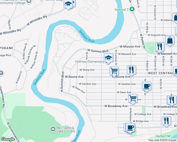 map of restaurants, bars, coffee shops, grocery stores, and more near 2811 West Sharp Avenue in Spokane
