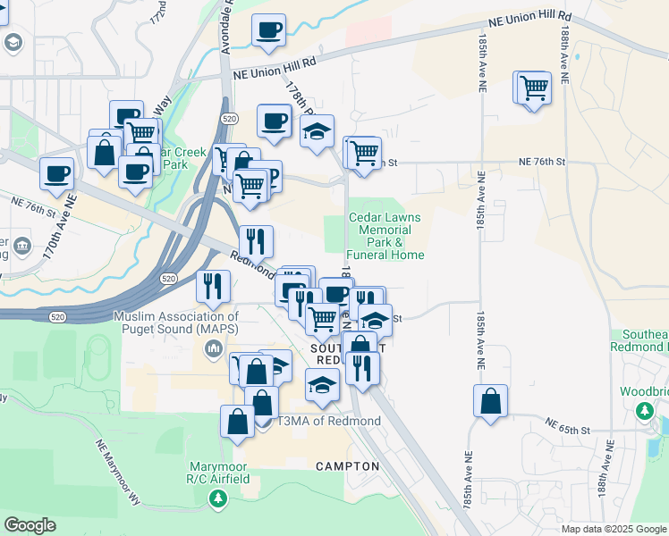 map of restaurants, bars, coffee shops, grocery stores, and more near 7045 180th Avenue Northeast in Redmond