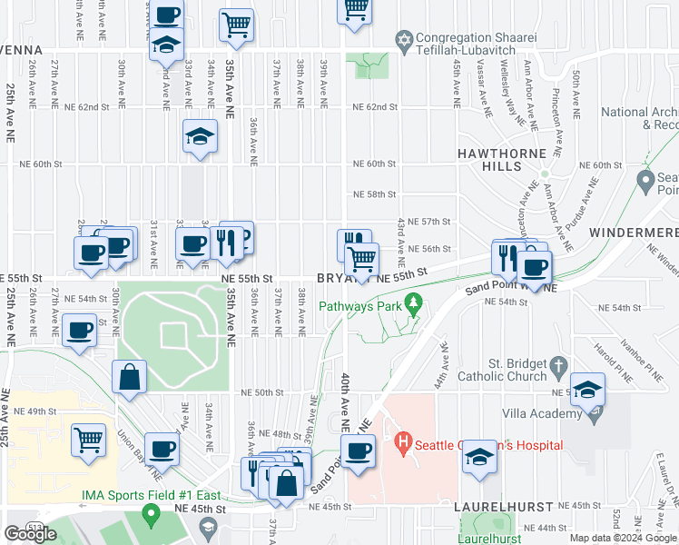 map of restaurants, bars, coffee shops, grocery stores, and more near 4008 Northeast 55th Street in Seattle