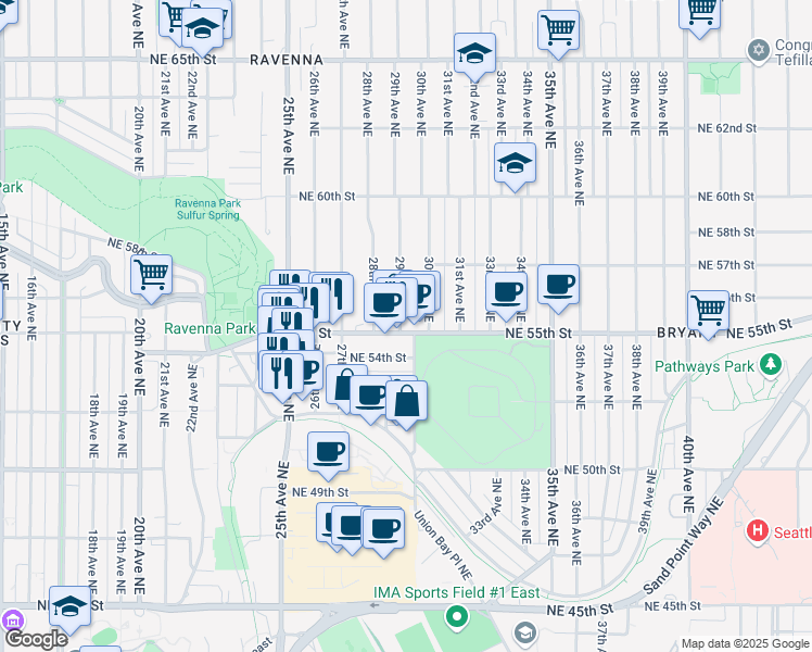 map of restaurants, bars, coffee shops, grocery stores, and more near 2817 Northeast 55th Street in Seattle