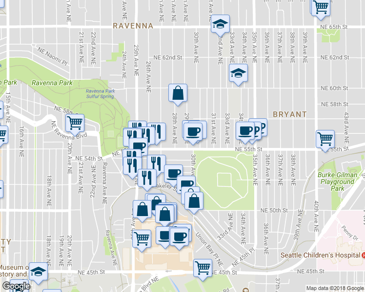 map of restaurants, bars, coffee shops, grocery stores, and more near 2817 Northeast 55th Street in Seattle