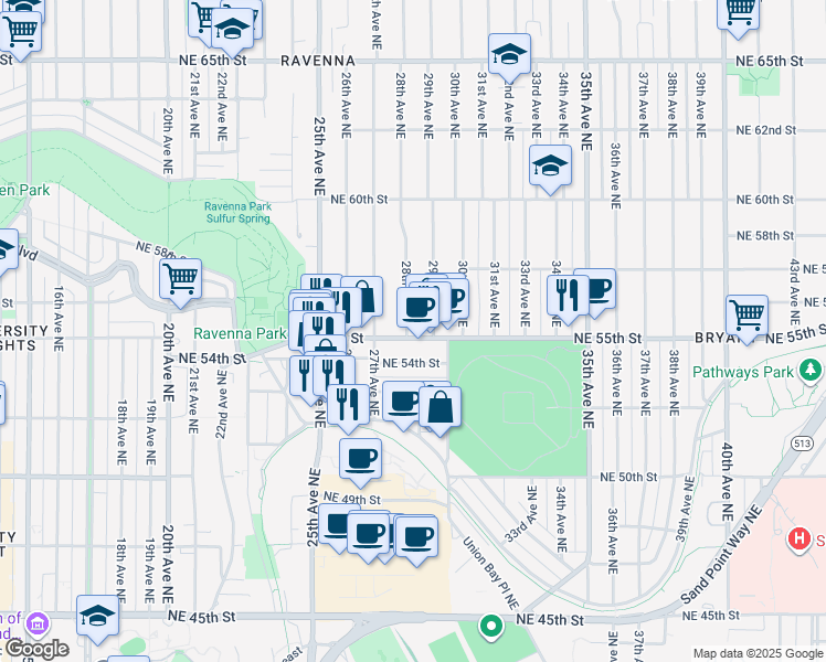 map of restaurants, bars, coffee shops, grocery stores, and more near 2817 Northeast 55th Street in Seattle