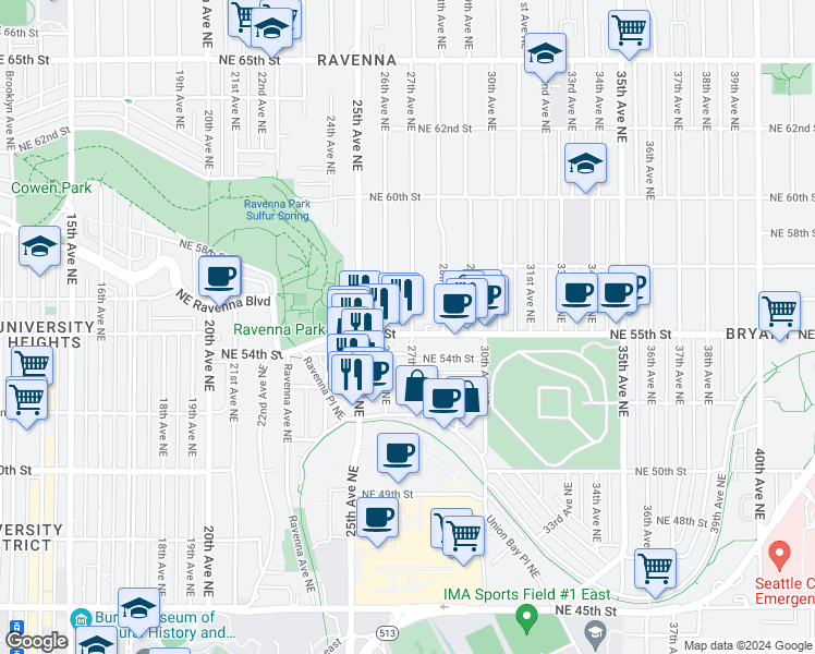 map of restaurants, bars, coffee shops, grocery stores, and more near 2705 Northeast 55th Street in Seattle