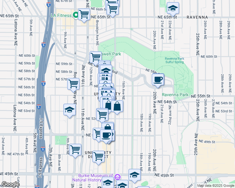map of restaurants, bars, coffee shops, grocery stores, and more near 1505 Northeast 55th Street in Seattle
