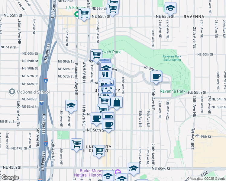 map of restaurants, bars, coffee shops, grocery stores, and more near 1505 Northeast 55th Street in Seattle