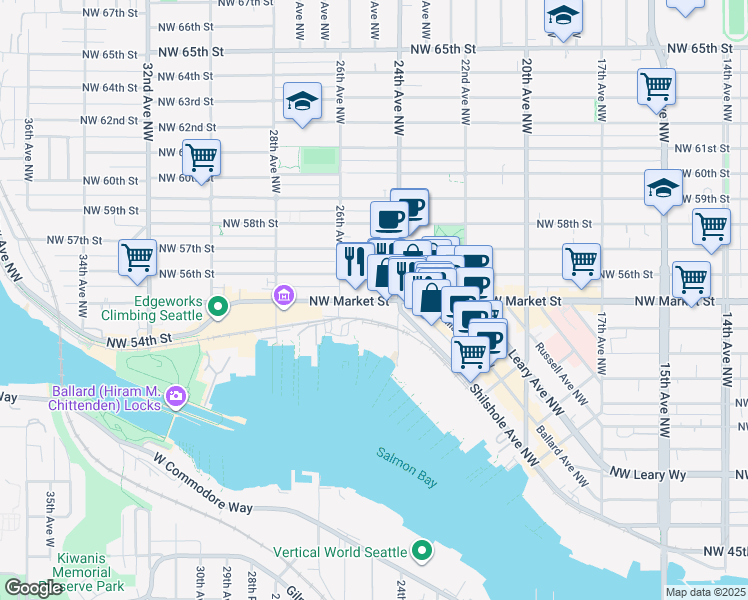 map of restaurants, bars, coffee shops, grocery stores, and more near 2401 Northwest Market Street in Seattle