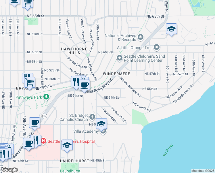 map of restaurants, bars, coffee shops, grocery stores, and more near 5100 Northeast 55th Street in Seattle