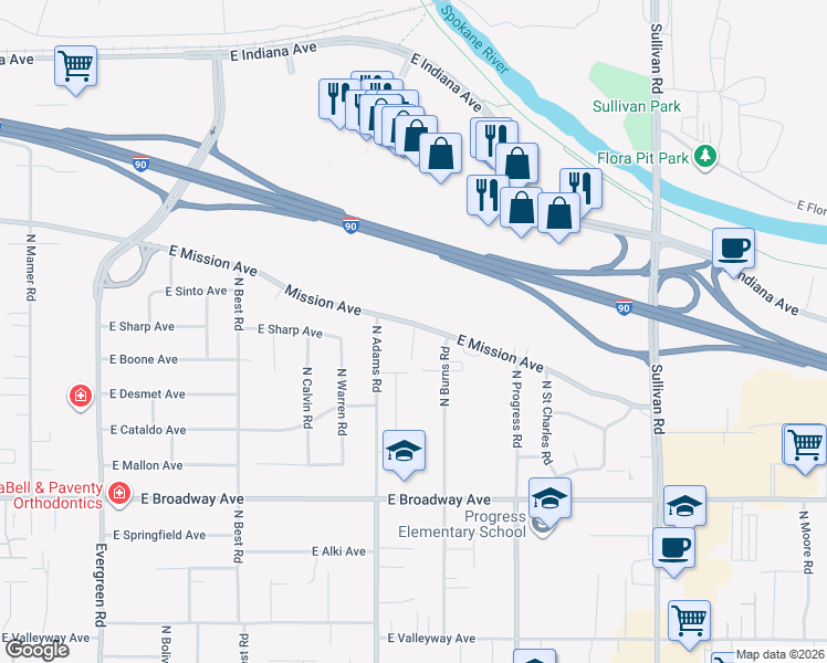 map of restaurants, bars, coffee shops, grocery stores, and more near 1221 North Marcus Road in Spokane Valley