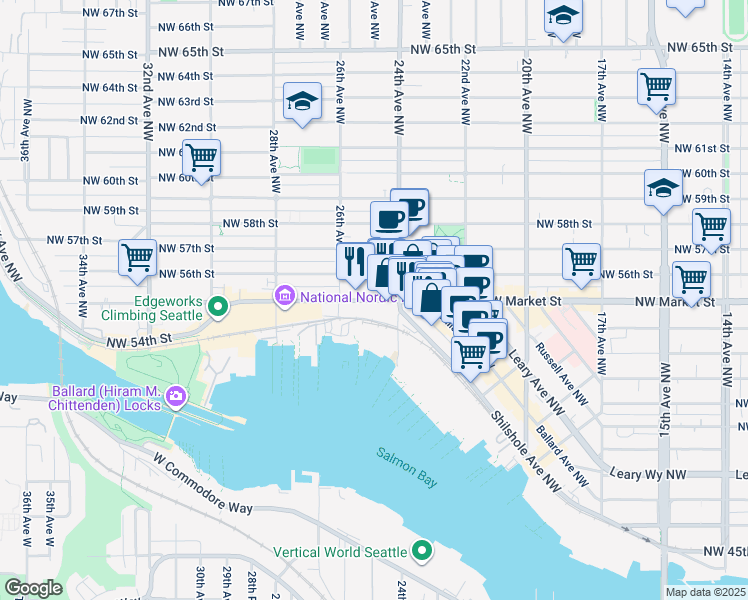 map of restaurants, bars, coffee shops, grocery stores, and more near 2401 Northwest Market Street in Seattle