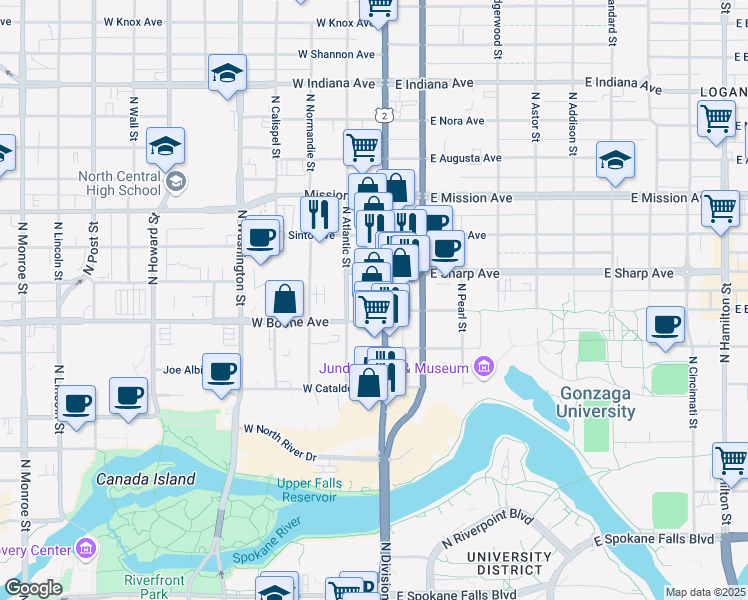 map of restaurants, bars, coffee shops, grocery stores, and more near 1204 North Division Street in Spokane