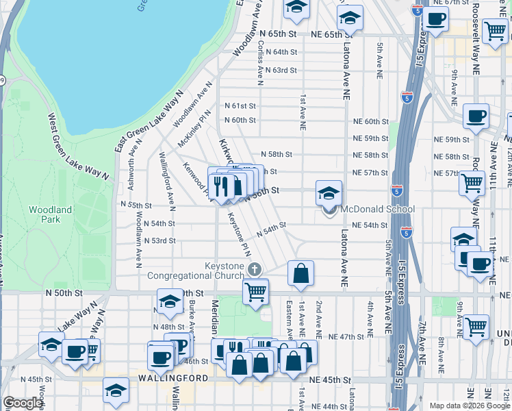 map of restaurants, bars, coffee shops, grocery stores, and more near 5432 Kirkwood Place North in Seattle