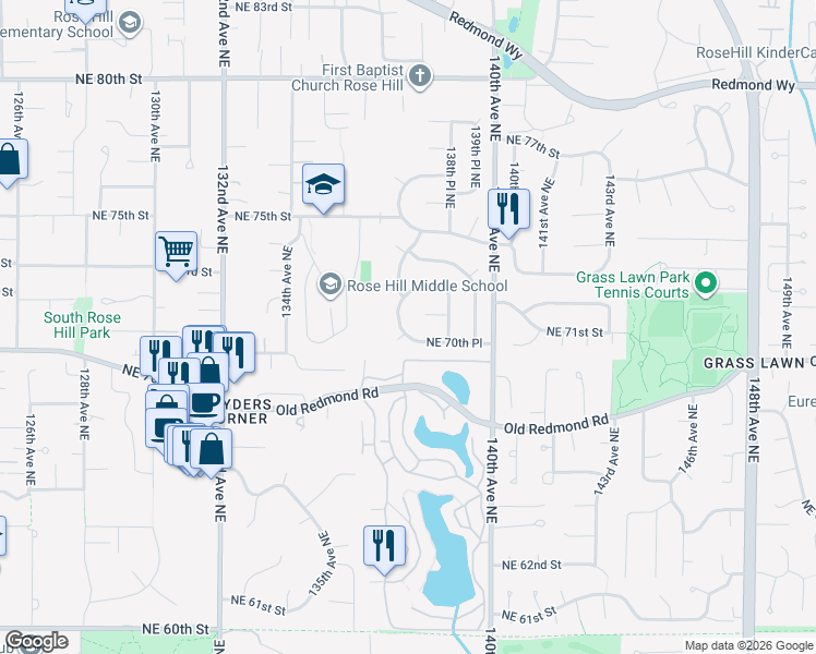 map of restaurants, bars, coffee shops, grocery stores, and more near 7020 137th Avenue Northeast in Redmond