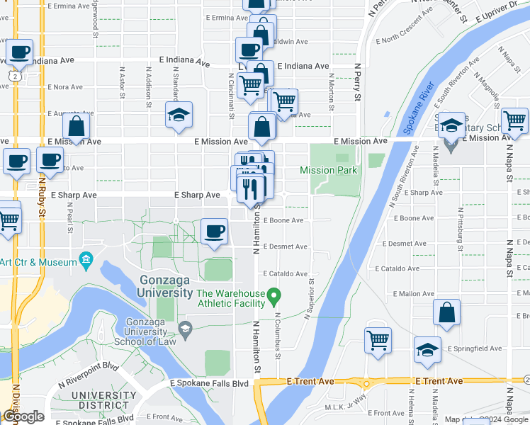 map of restaurants, bars, coffee shops, grocery stores, and more near 905 East Boone Avenue in Spokane