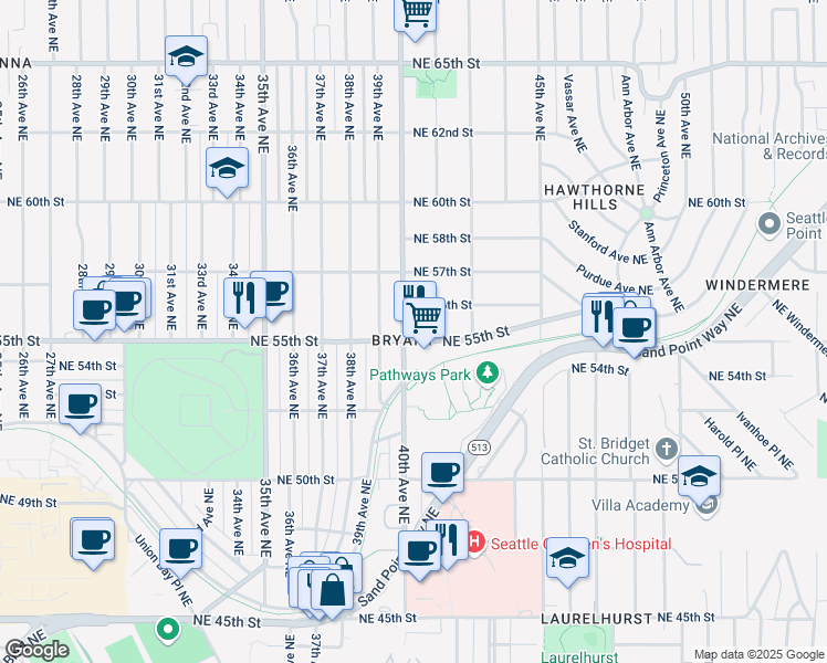 map of restaurants, bars, coffee shops, grocery stores, and more near 4008 Northeast 55th Street in Seattle