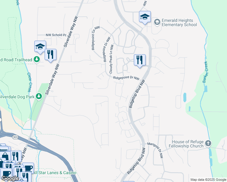map of restaurants, bars, coffee shops, grocery stores, and more near 1598 Seasons Lane Northwest in Silverdale