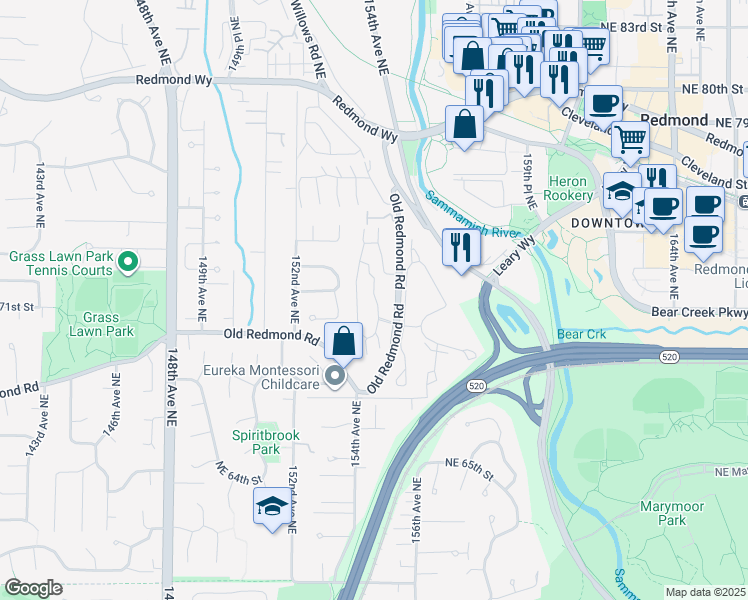 map of restaurants, bars, coffee shops, grocery stores, and more near 7001 Old Redmond Road in Redmond