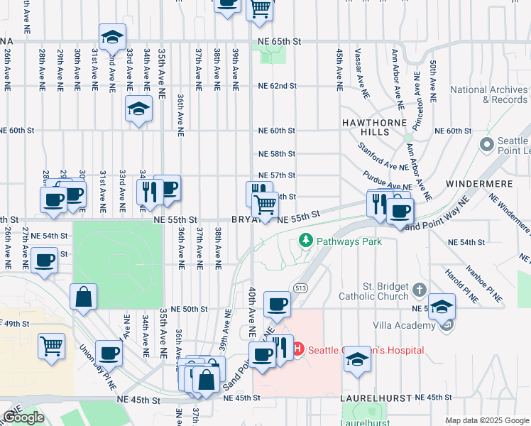 map of restaurants, bars, coffee shops, grocery stores, and more near 4008 Northeast 55th Street in Seattle
