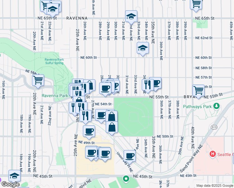 map of restaurants, bars, coffee shops, grocery stores, and more near 2914 Northeast 55th Street in Seattle