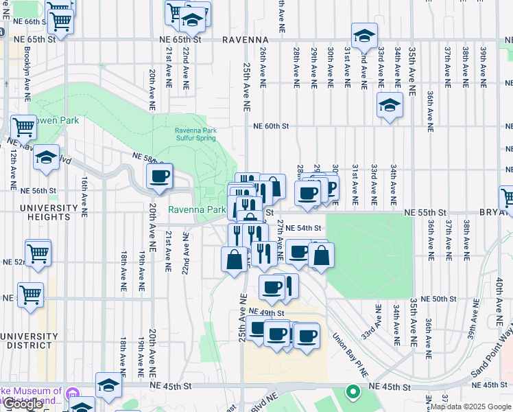 map of restaurants, bars, coffee shops, grocery stores, and more near 2605 Northeast 55th Street in Seattle