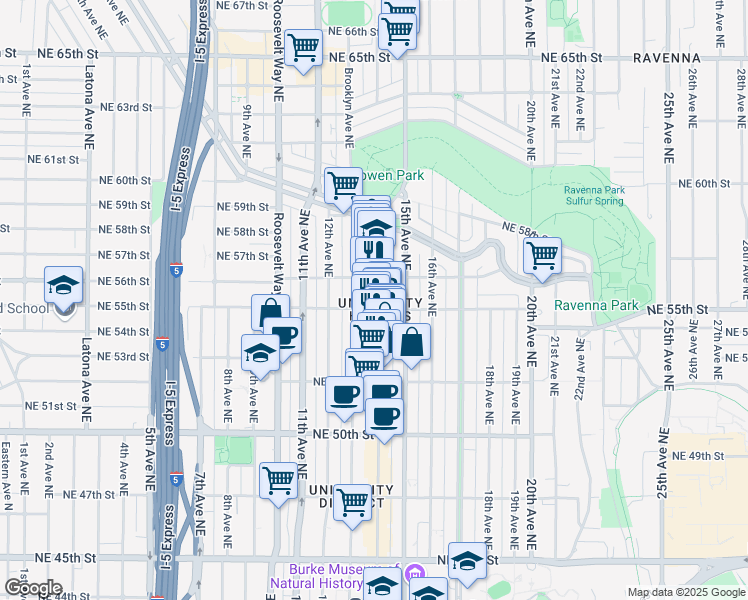 map of restaurants, bars, coffee shops, grocery stores, and more near 5240 University Way Northeast in Seattle