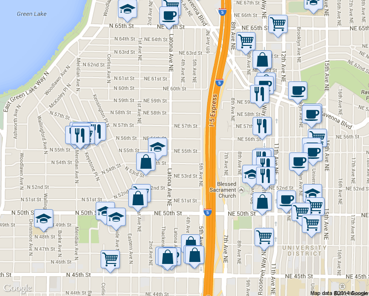 map of restaurants, bars, coffee shops, grocery stores, and more near in Seattle