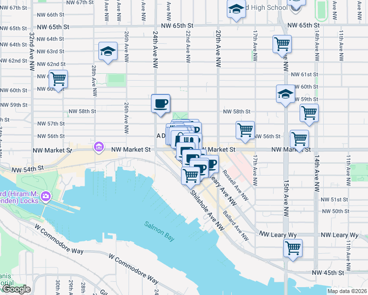 map of restaurants, bars, coffee shops, grocery stores, and more near 2201 Northwest Market Street in Seattle
