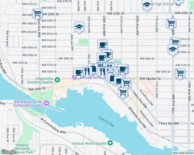 map of restaurants, bars, coffee shops, grocery stores, and more near 2501 Northwest Market Street in Seattle