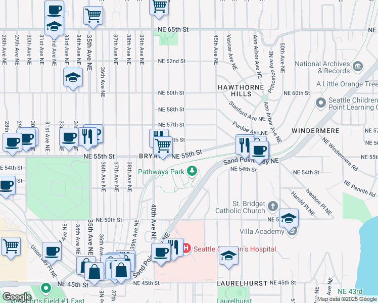 map of restaurants, bars, coffee shops, grocery stores, and more near 4300 Northeast 55th Street in Seattle