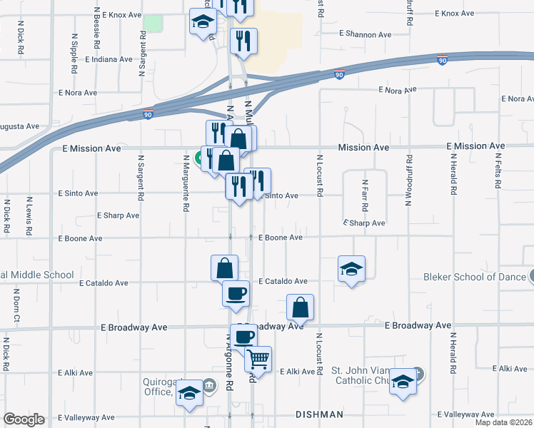 map of restaurants, bars, coffee shops, grocery stores, and more near 1308 North Stout Road in Spokane Valley