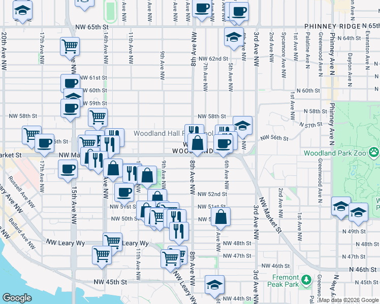 map of restaurants, bars, coffee shops, grocery stores, and more near 5501 8th Avenue Northwest in Seattle