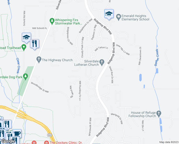 map of restaurants, bars, coffee shops, grocery stores, and more near 11604 Breckenridge Lane Northwest in Silverdale