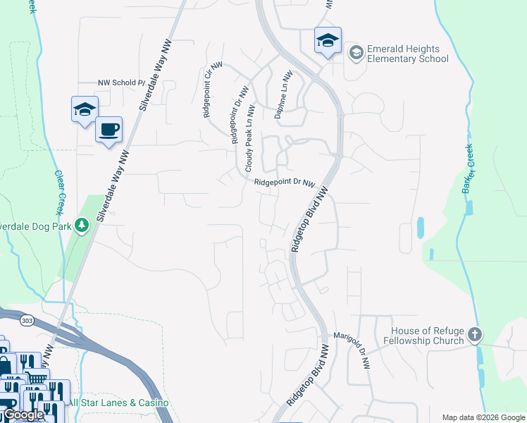 map of restaurants, bars, coffee shops, grocery stores, and more near 1612 Seasons Lane Northwest in Silverdale