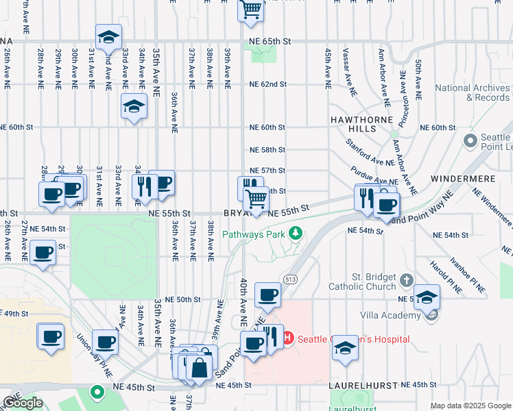 map of restaurants, bars, coffee shops, grocery stores, and more near 4020 Northeast 55th Street in Seattle