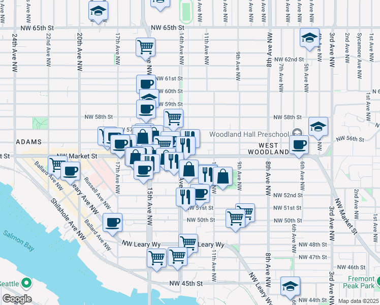map of restaurants, bars, coffee shops, grocery stores, and more near 1140 Northwest Market Street in Seattle