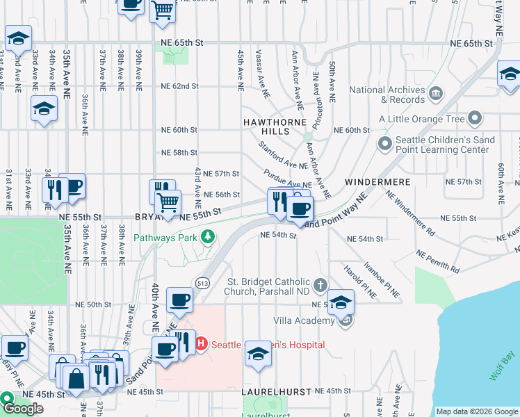map of restaurants, bars, coffee shops, grocery stores, and more near 4527 Northeast 55th Street in Seattle