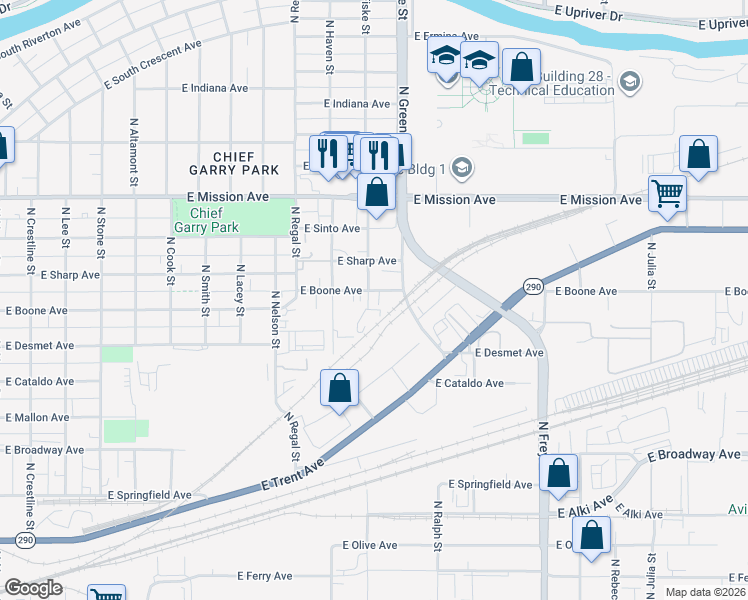 map of restaurants, bars, coffee shops, grocery stores, and more near 1102 North Fiske Street in Spokane